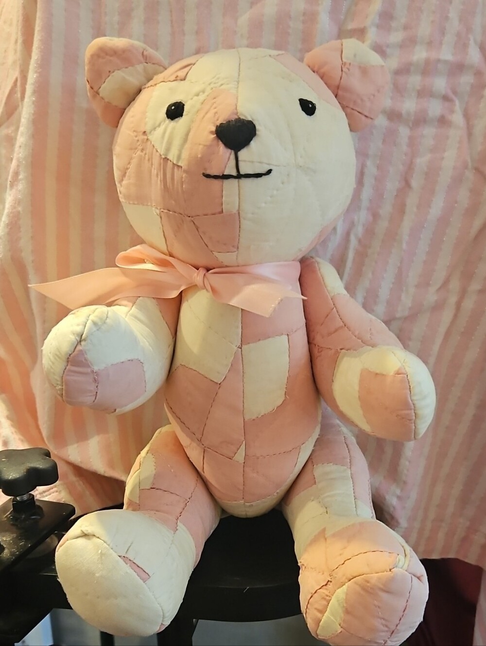 Patchwork Pink & Cream Teddy Bear Plush with Satin Bow